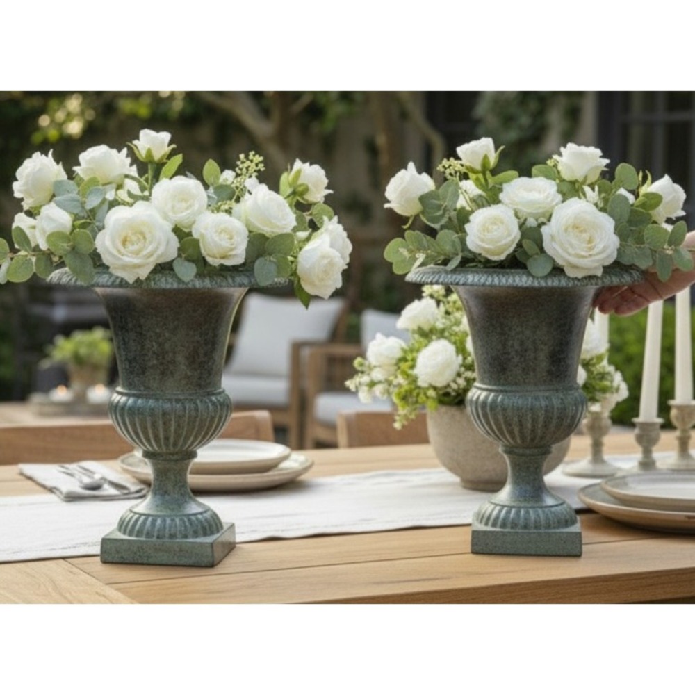 Vintage Metal Style Verdigris Urn Vases Set of 2 Classical Fluted Pedestal 10"